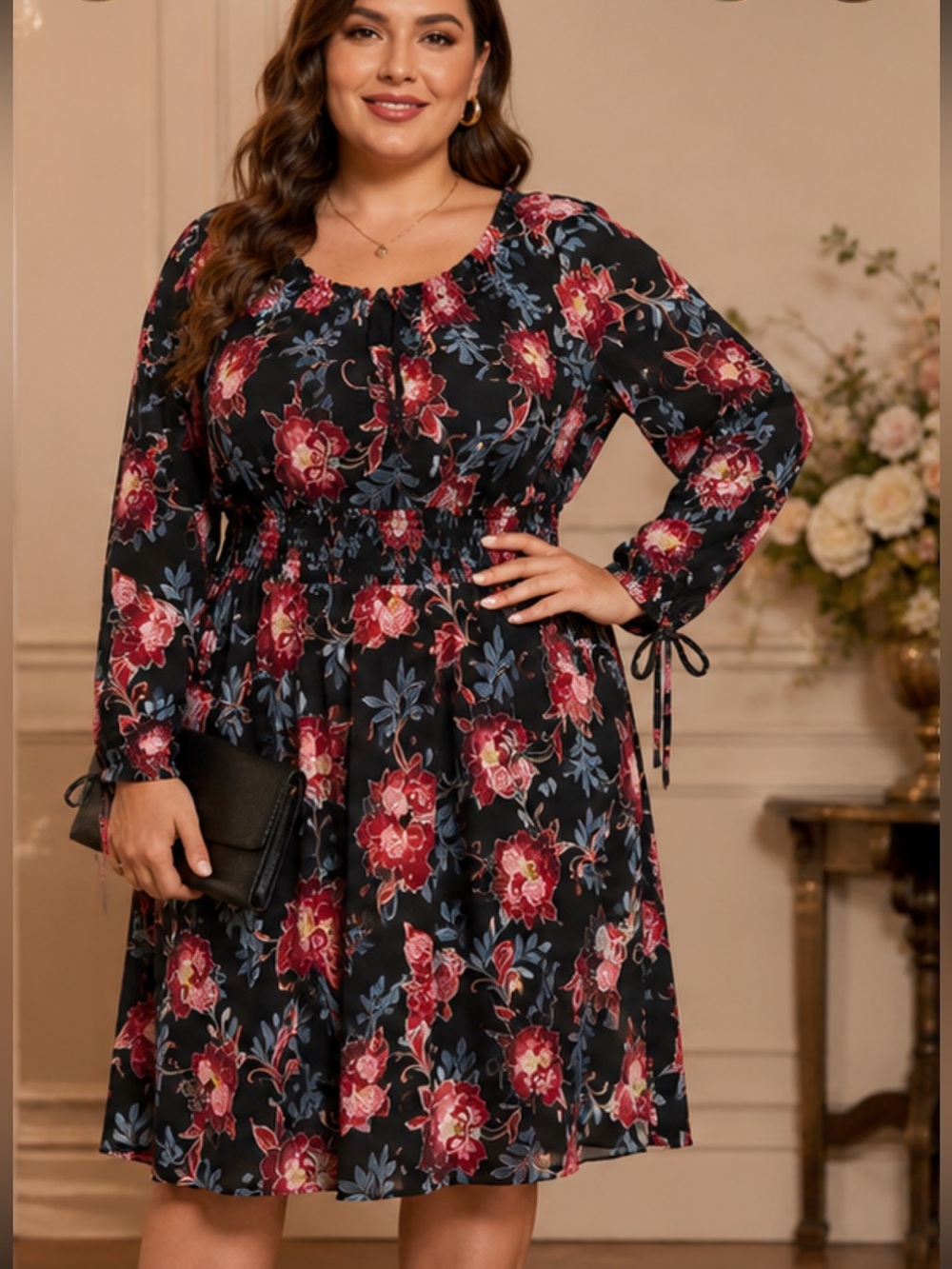 LOFT Black Floral Long Sleeve Smocked Waist Dress NWOT